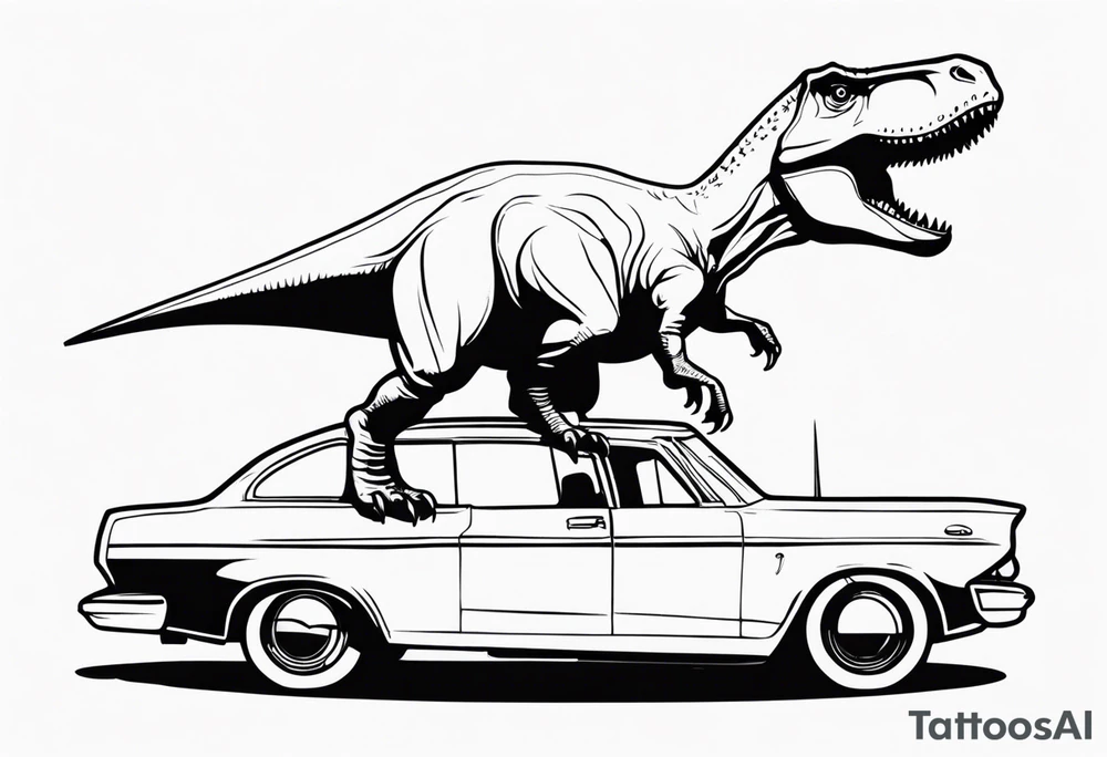 dinosaur with one foot on car tattoo idea