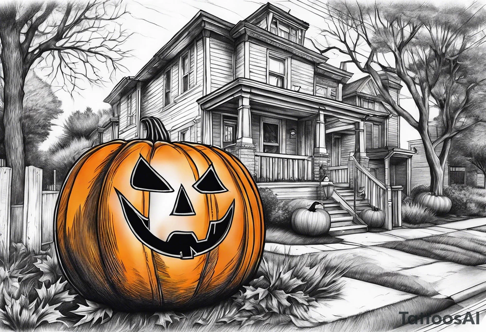 Neighborhood street in fall with Halloween pumpkin tattoo idea