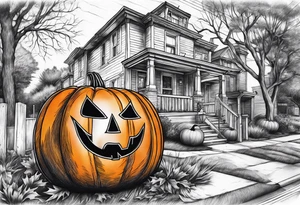 Neighborhood street in fall with Halloween pumpkin tattoo idea