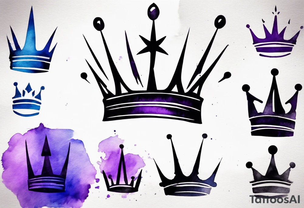 A tattoo of a minimalistic black crown and some negative space on a water color background of purple and blue. tattoo idea