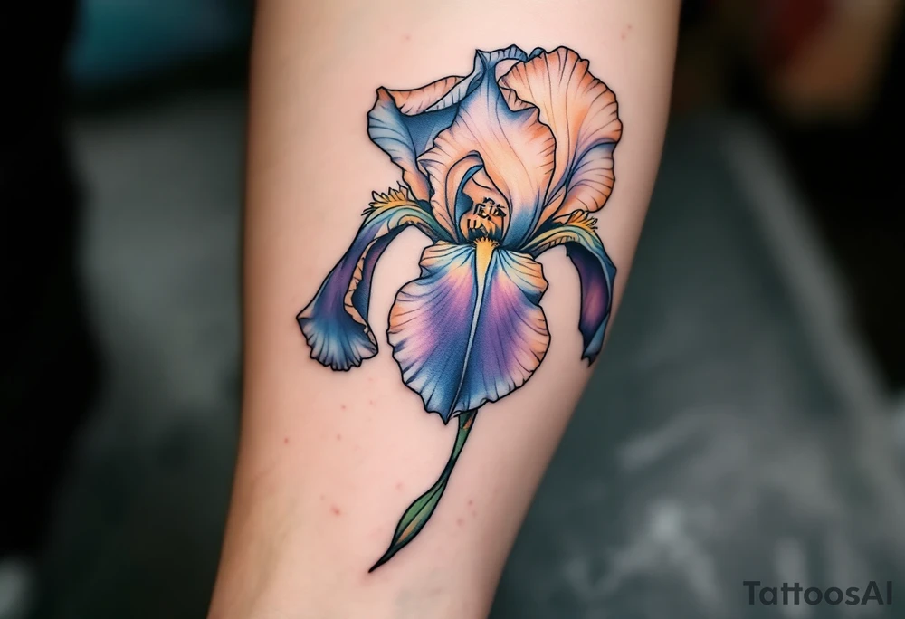 big iris flower with the name “IRIS” written in the stem of the flower in cursive on the outside of the forearm tattoo idea