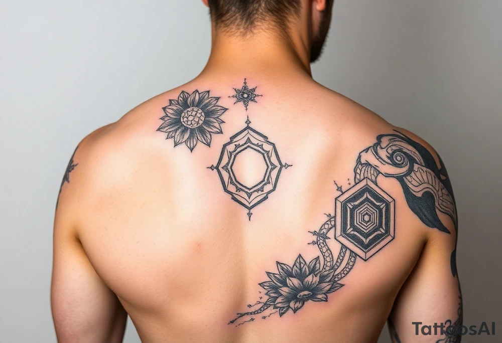 design a full sleeve tattoo that consists of a base layer of abstract hexagon pattern overlaid with a little blackwork abstract while incorporating the top tattoo and integrating slight biomech designs tattoo idea