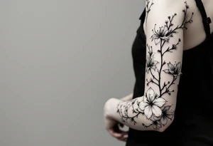 the flower spider lily from demon slayer and add cherry blossoms wrapped around upper arm tattoo idea