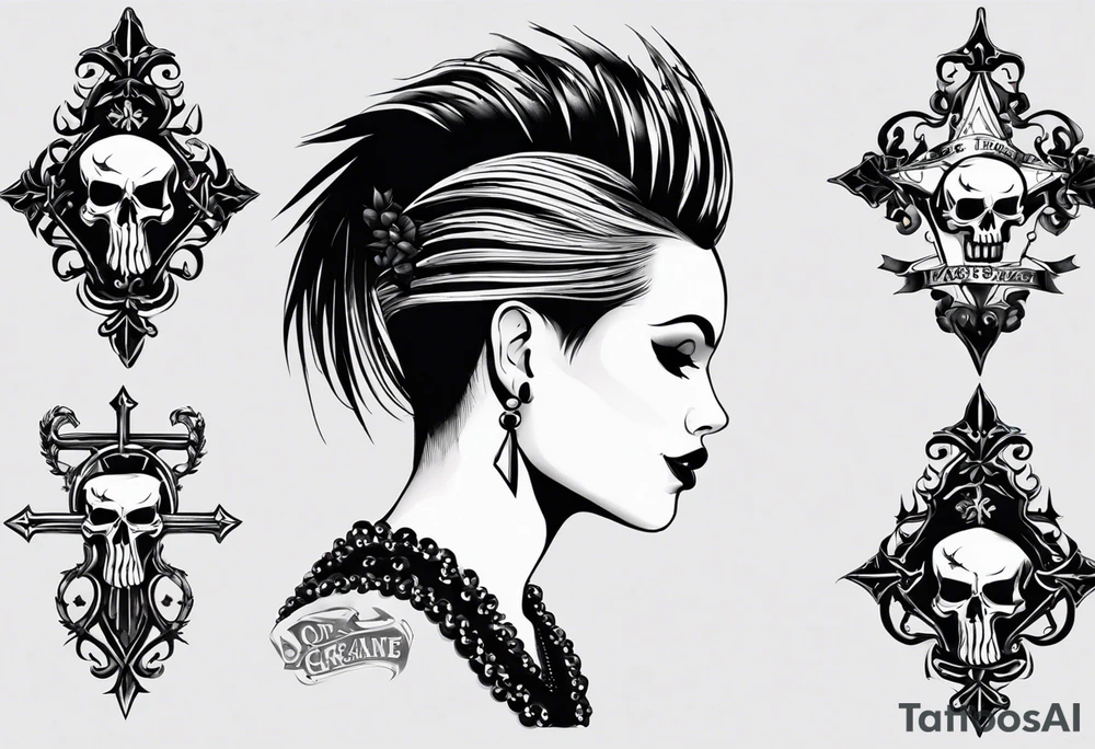 Un crâne assez hardcore avec une iroquoise en coupe de cheveux sur le crâne style punk/métal avec des flammes derrière et avec 2 os qui forment une croix tattoo idea