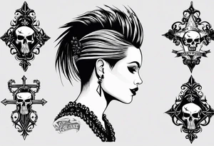 Un crâne assez hardcore avec une iroquoise en coupe de cheveux sur le crâne style punk/métal avec des flammes derrière et avec 2 os qui forment une croix tattoo idea