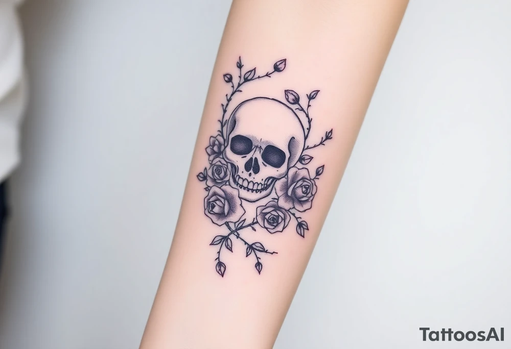 gothic skull intertwined with climbing roses and thorny vines tattoo idea