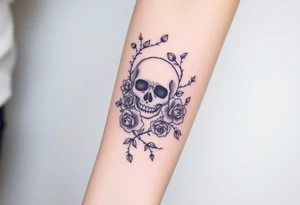 gothic skull intertwined with climbing roses and thorny vines tattoo idea