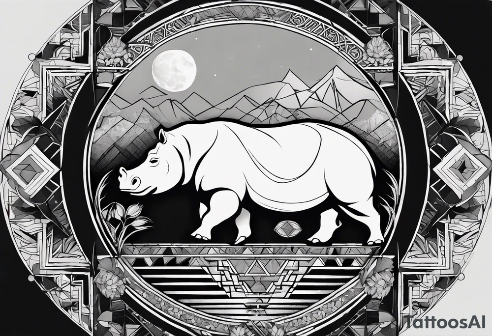 Very asymmetrical, +geometric pattern, with realistic full moon, with hippo at side look, +tribal, +geometric, +inkart , +blackwork, +grey scale, + sketch
with wintersweet flower bud, +inkart touch, +for men, detailed , combined favourite tattoo idea