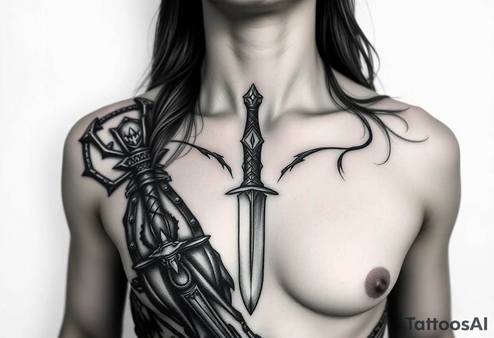 Feminine Tattoo dark female warrior with dagger and realistic horns just barley touching collarbone with a lot of shading tattoo idea
