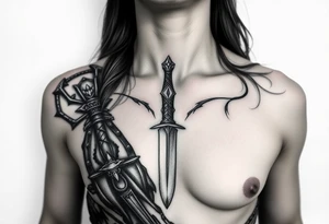 Feminine Tattoo dark female warrior with dagger and realistic horns just barley touching collarbone with a lot of shading tattoo idea