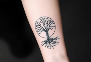 Tree inside of sun, spiral moving roots to the right tattoo idea