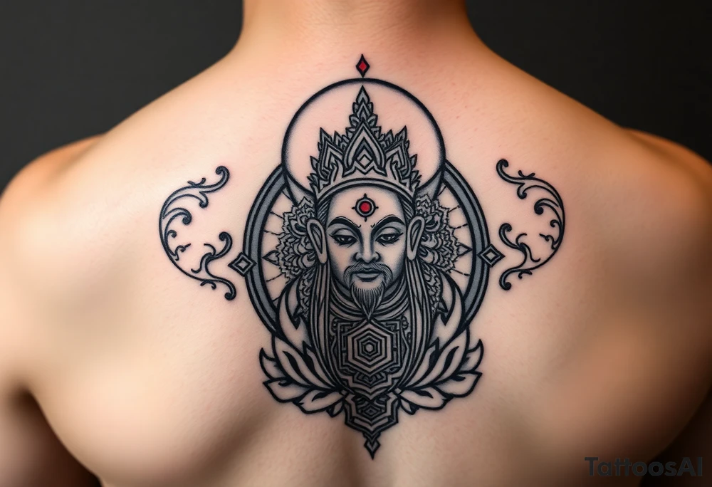 "Tibetan thangka tattoo but deity is a crypto wallet with QR face. Geometric patterns, black/red ink." tattoo idea