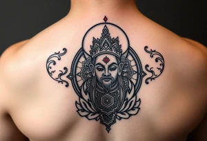 "Tibetan thangka tattoo but deity is a crypto wallet with QR face. Geometric patterns, black/red ink." tattoo idea