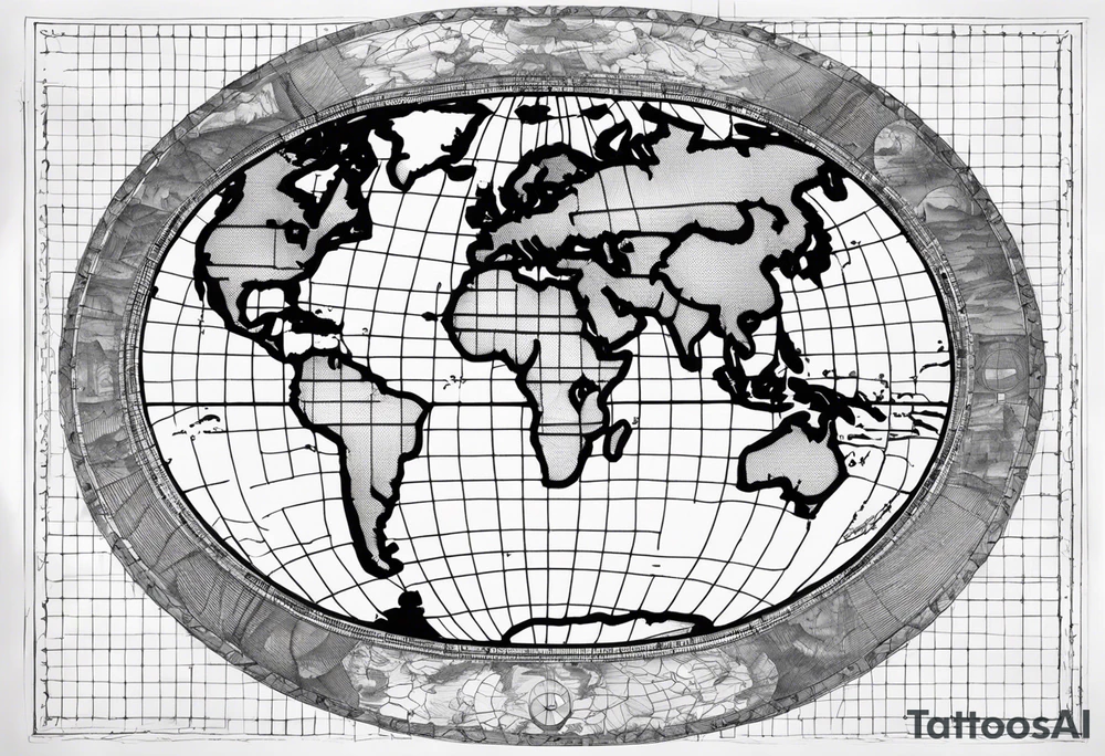 the earth on a flat map with light fading shading placed on a grid with only the lines with accurate depictions of the borders in countries while having it in an oval/circular position tattoo idea