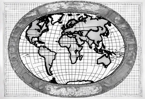 the earth on a flat map with light fading shading placed on a grid with only the lines with accurate depictions of the borders in countries while having it in an oval/circular position tattoo idea