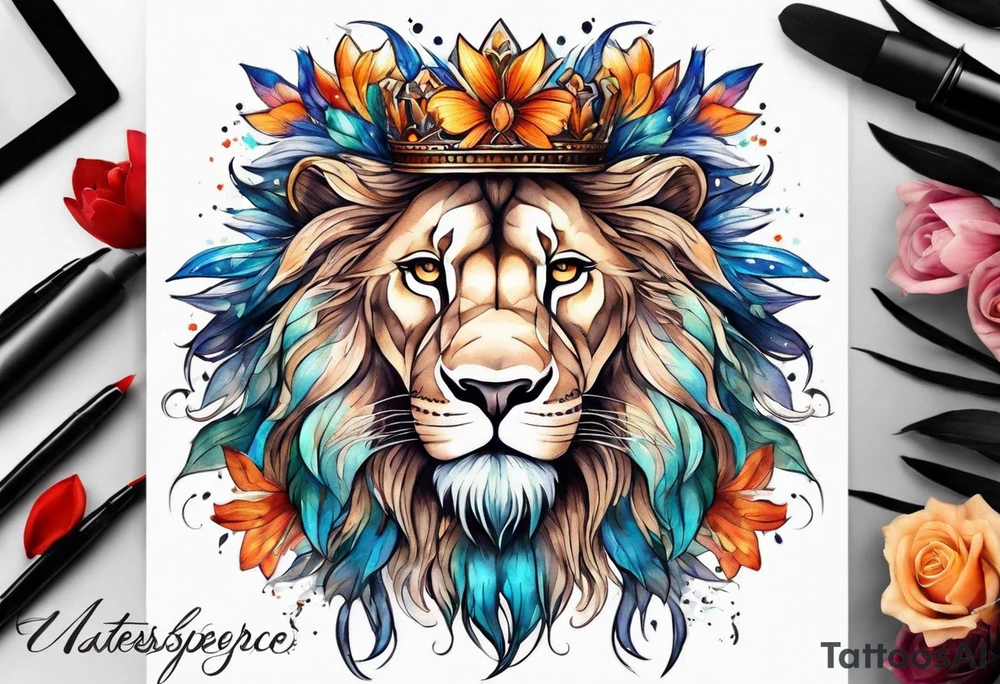 lion mane made of feathers covered in lilies and butterflies crown tattoo idea