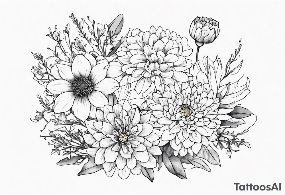 One stemless marigold, chrysanthemum, and
narcissus tattoo idea One stemless marigold, chrysanthemum, and
narcissus tattoo idea