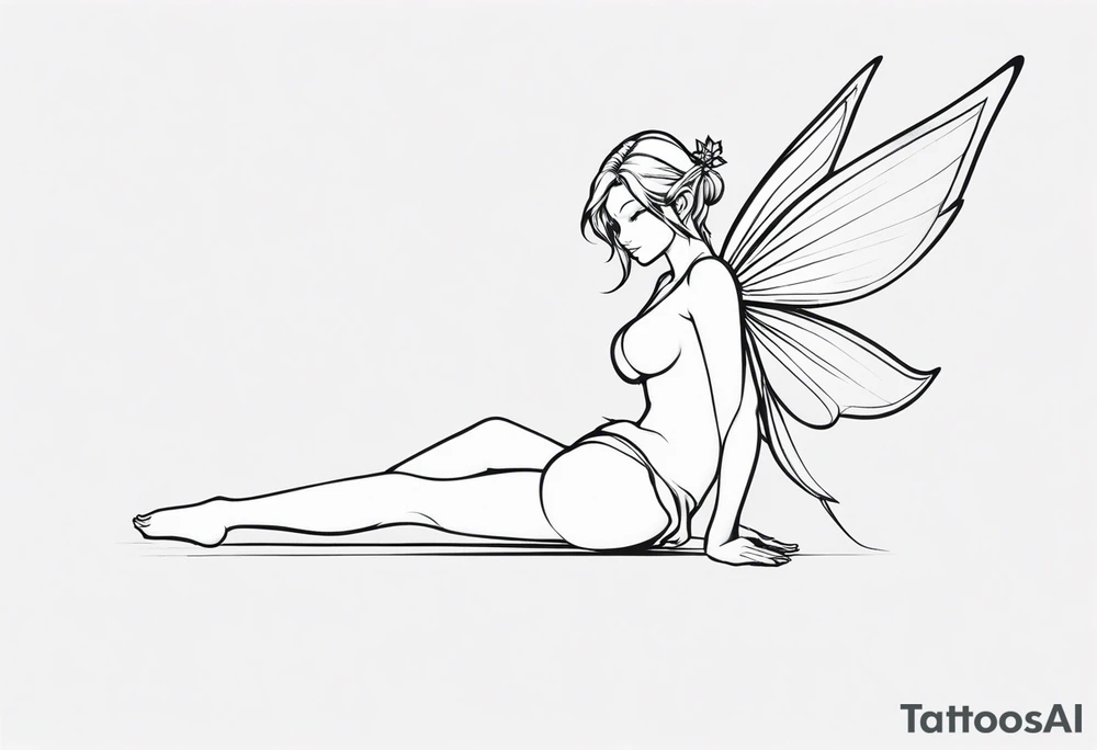 Minimalistic, monochromatic fairy with a tail flying to the left in a fetal position, leaning and looking in the same direction, with visible hands, embodying the 'Fairy Tail' logo aesthetic. tattoo idea
