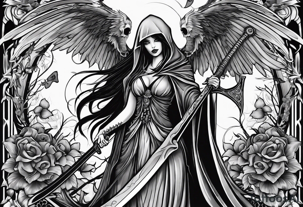 Lady grim reaper with wings, scythe and skulls tattoo idea