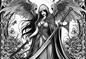 Lady grim reaper with wings, scythe and skulls tattoo idea