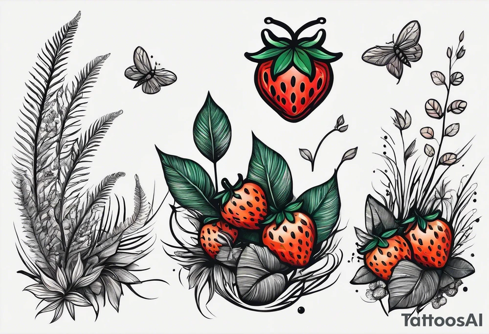 forest floor inspired minimalist tattoo, which includes grass, curly ferns and dead leaves as the bulk of the tattoo. details to include: three very tiny strawberries, a tiny bumblebee flying nearby, three small brown mushrooms tattoo idea