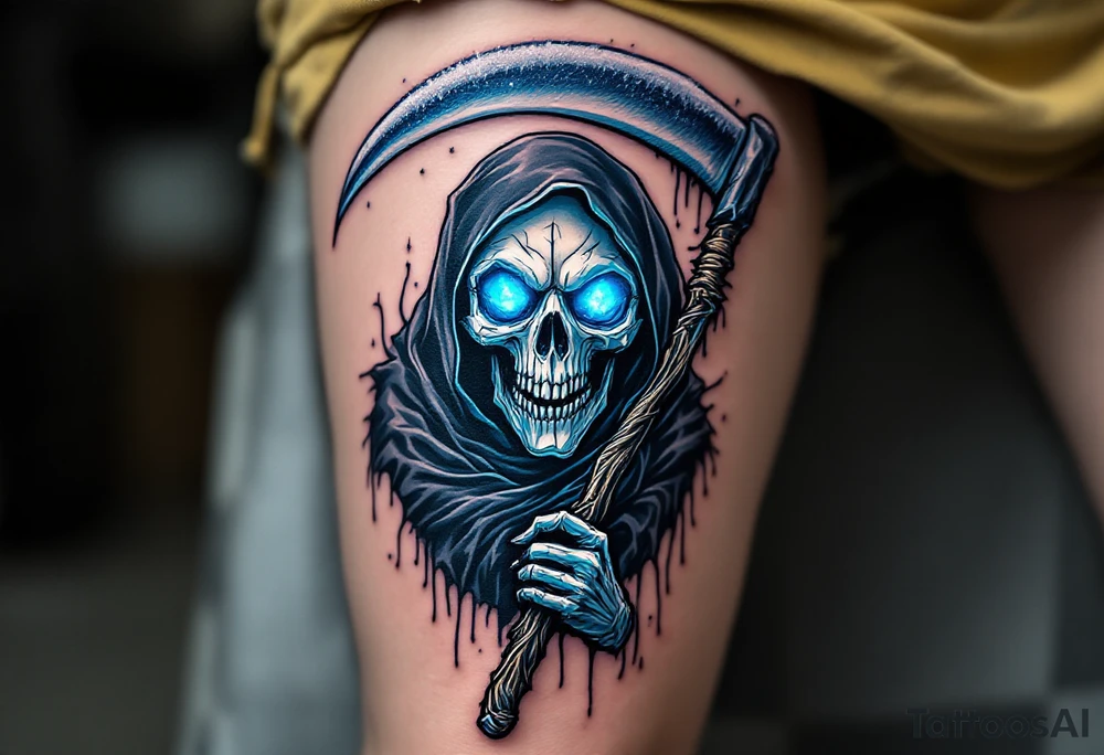 A blue-hued Grim Reaper with crystal eyes, gripping a frost-covered scythe. tattoo idea