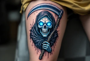 A blue-hued Grim Reaper with crystal eyes, gripping a frost-covered scythe. tattoo idea