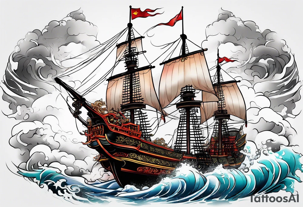 Chinese pirate ship that has been through many storms tattoo idea