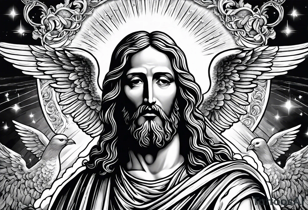 Jesus ascending to heaven with angels and doves and sunbeams around him tattoo idea