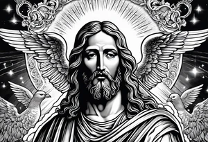 Jesus ascending to heaven with angels and doves and sunbeams around him tattoo idea