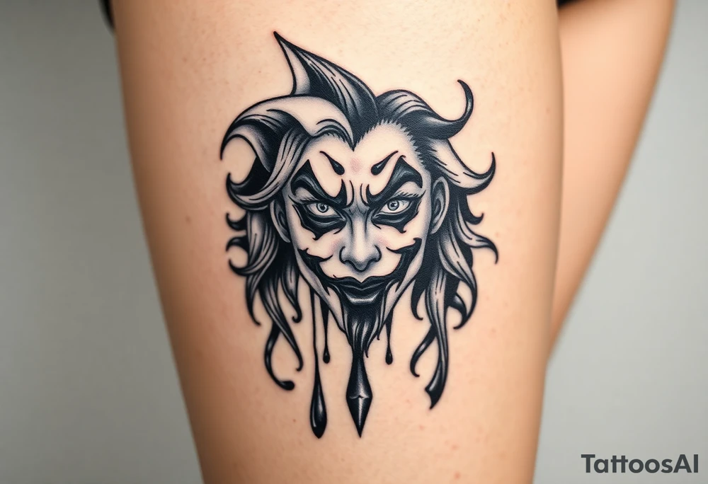 Powerful new age joker half face dripping surrounded with tribal tattoo idea