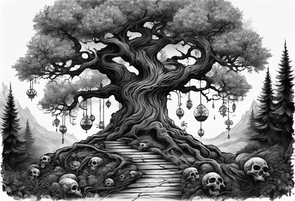 Creepy tree with skulls at the base and names in the branches tattoo idea