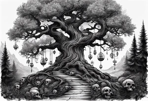Creepy tree with skulls at the base and names in the branches tattoo idea