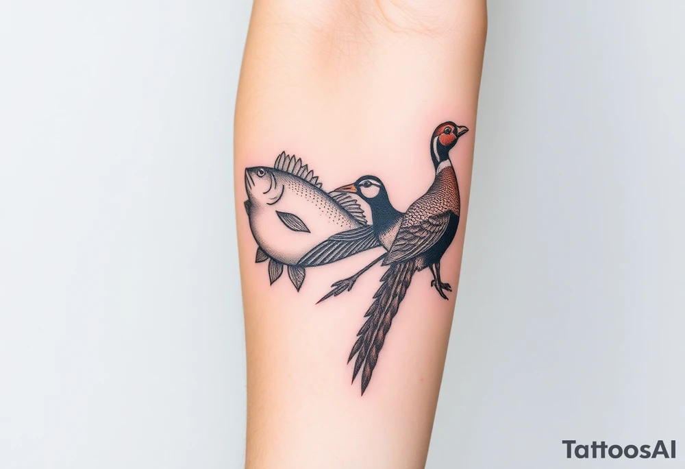 Hunting and fishing with bass, muskelunge, pheasant, duck tattoo idea
