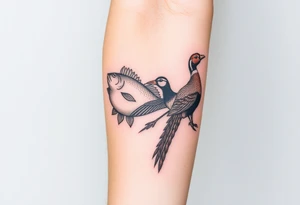Hunting and fishing with bass, muskelunge, pheasant, duck tattoo idea