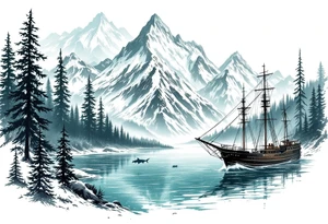 forest mountains under the northen lights with sharks and shipwrecks. Contain everything in the shape of Africa tattoo idea