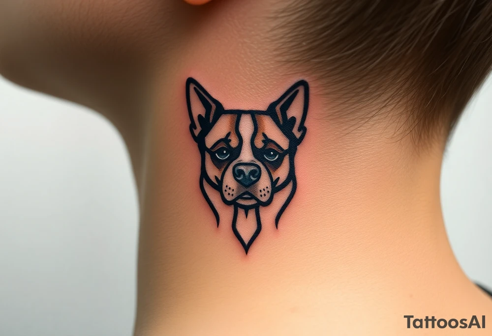 One line tattoo of female dog with white strip going up dog’s snout slightly off centered. With young slightly out tattoo idea