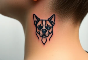 One line tattoo of female dog with white strip going up dog’s snout slightly off centered. With young slightly out tattoo idea