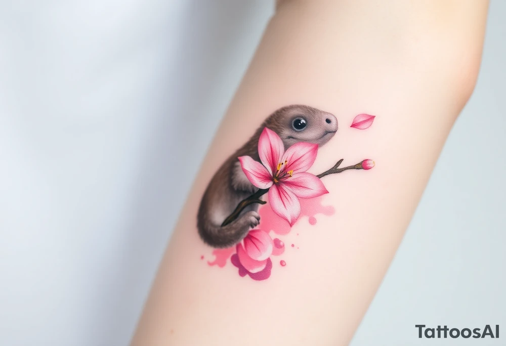 A soft watercolor-style mole holding a delicate pink cherry blossom, with gentle pastel tones and a dreamy aesthetic tattoo idea