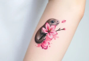 A soft watercolor-style mole holding a delicate pink cherry blossom, with gentle pastel tones and a dreamy aesthetic tattoo idea