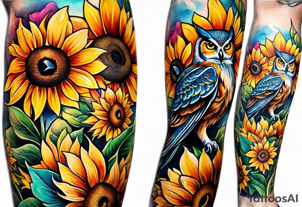 Leg sleeve with colorful sunflowers and an owl tattoo idea