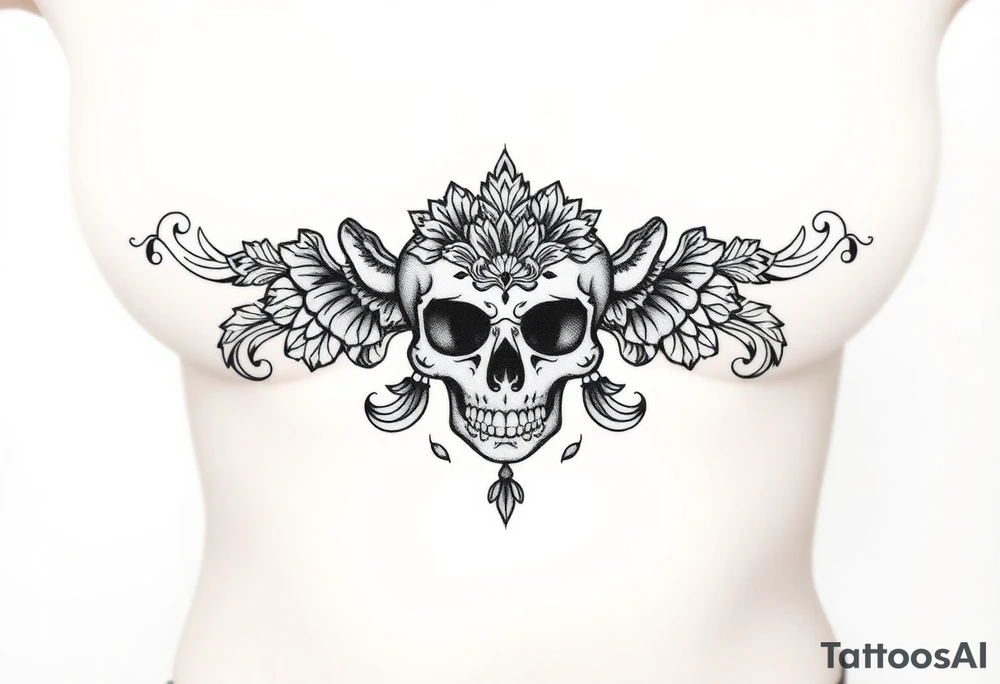 Stunning underboob tattoo with lace and elegant mandala skull tattoo idea
