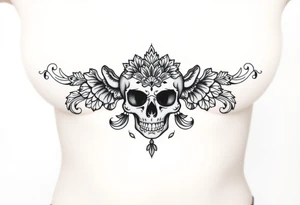 Stunning underboob tattoo with lace and elegant mandala skull tattoo idea