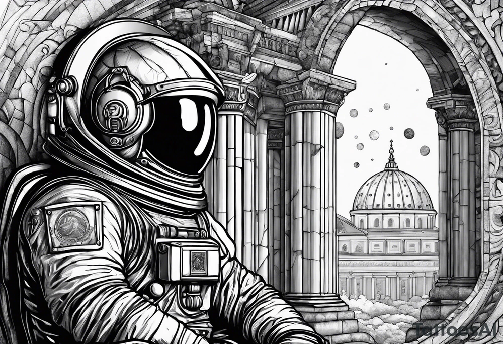 An astronaut meditating on a roman building tattoo idea