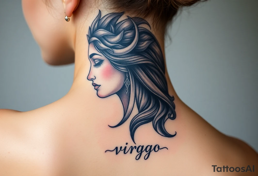 A detailed profile of a serene goddess with a crescent moon on her forehead, with silver and deep navy shading and the word virgo tattoo idea