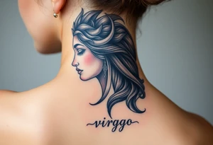 A detailed profile of a serene goddess with a crescent moon on her forehead, with silver and deep navy shading and the word virgo tattoo idea