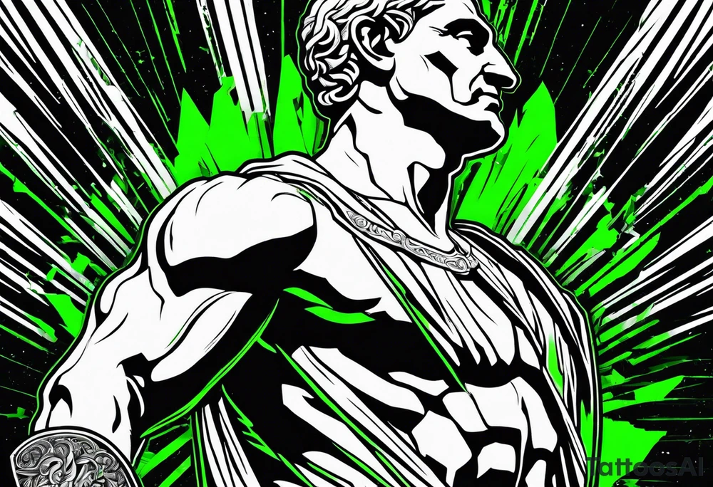 Julius Caesar tattoo with streaks of neon green lightning in the background tattoo idea