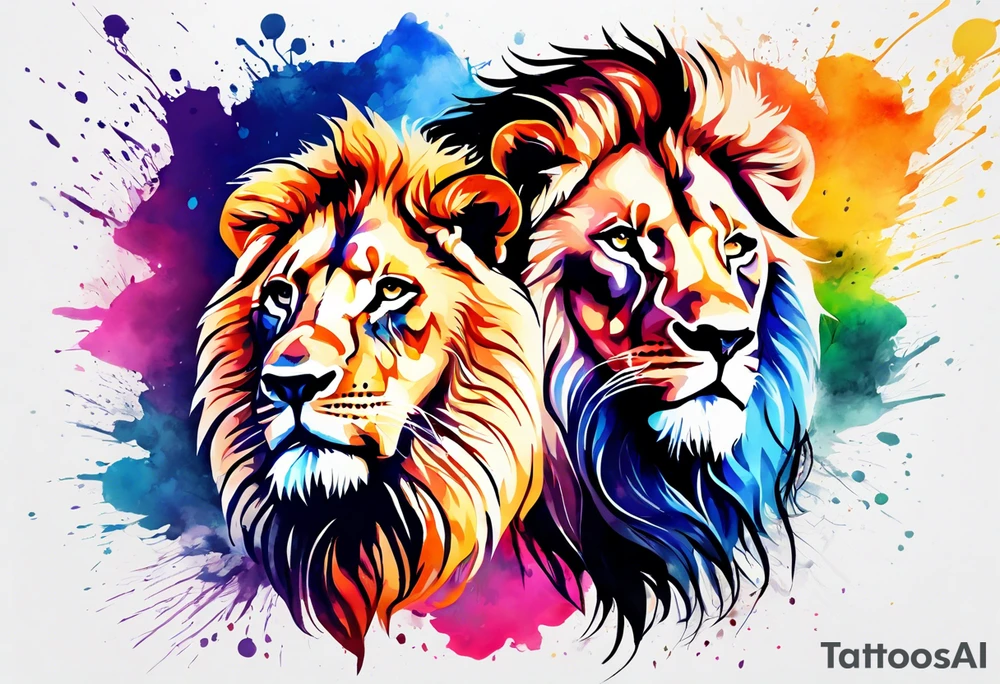 Water Colour splash back. Male and Female. Lions. Power and love. One protecting the other tattoo idea