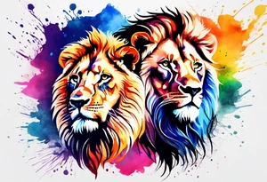 Water Colour splash back. Male and Female. Lions. Power and love. One protecting the other tattoo idea