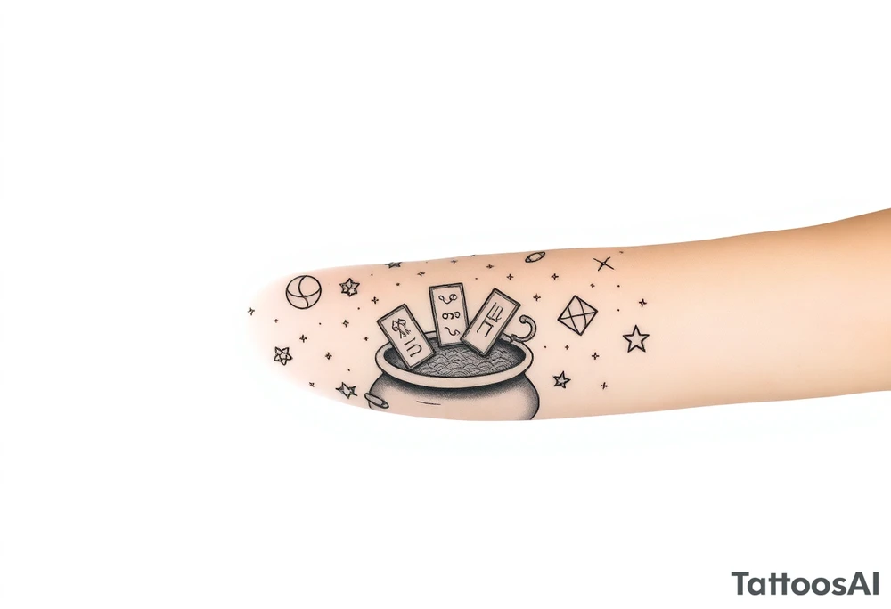 Milky way filled with zodiac symbols runes tarot cards coming out of a cauldron tattoo idea